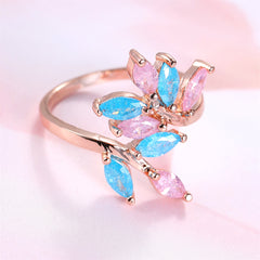 Pink & Blue Crystal 18K Rose Gold-Plated Leaves Bypass Ring