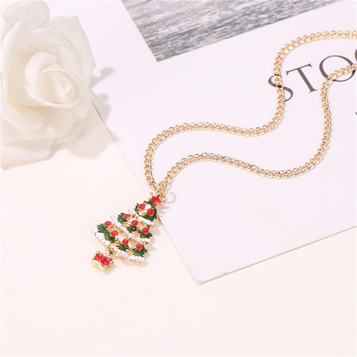 Red and Green Enamel Openwork Christmas Tree Pendant Necklace, pendant necklace for women, vintage-inspired design, side view