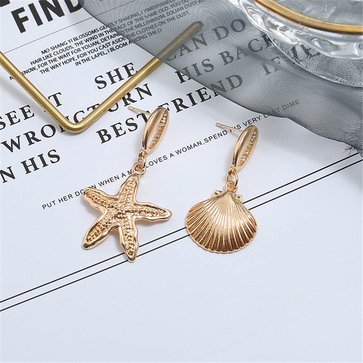 18K Gold-Plated Starfish and Shell Drop Earrings, gold drop earrings for women, dainty minimalist design, side view