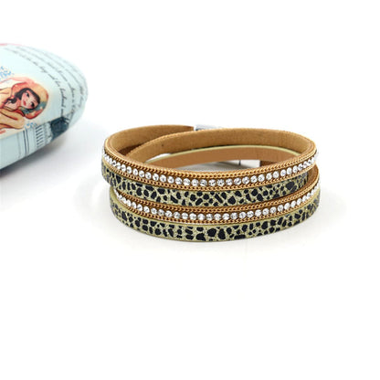 Cubic Zirconia and Tan Leopard Print Layered Bracelet, bracelet for women, vintage-inspired design, side view