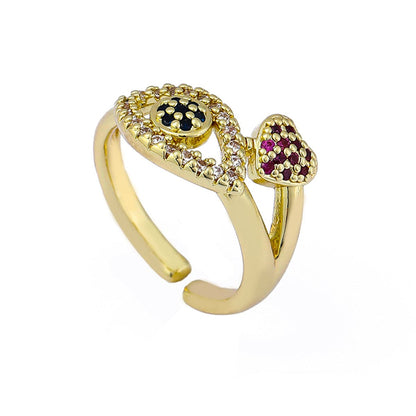 Red Cubic Zirconia and 18K Gold-Plated Heart Eye Open Ring, gold statement rings for women, front view