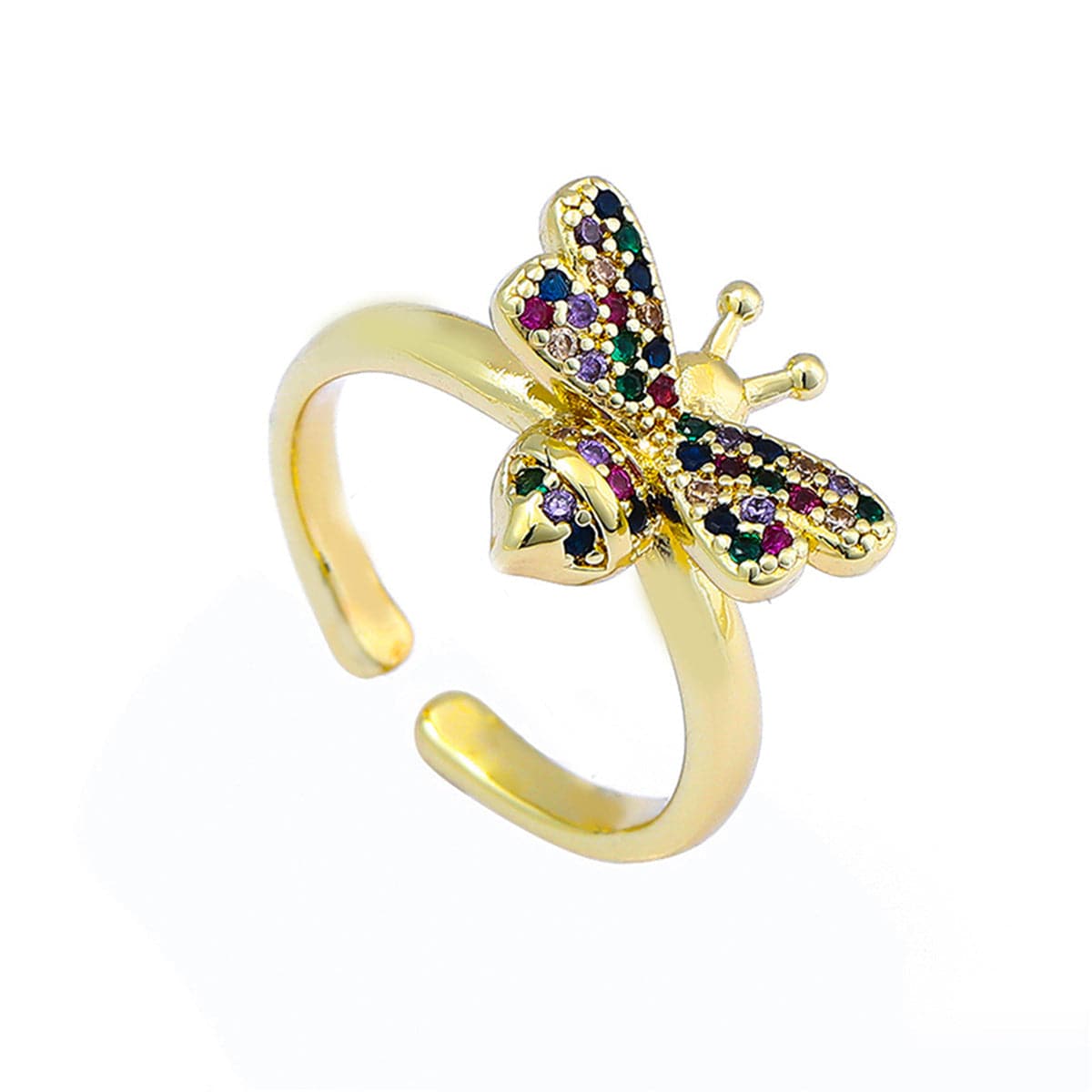 Rainbow Cubic Zirconia and 18K Gold-Plated Bee Open Ring, gold statement rings for women, vintage-inspired design, front view