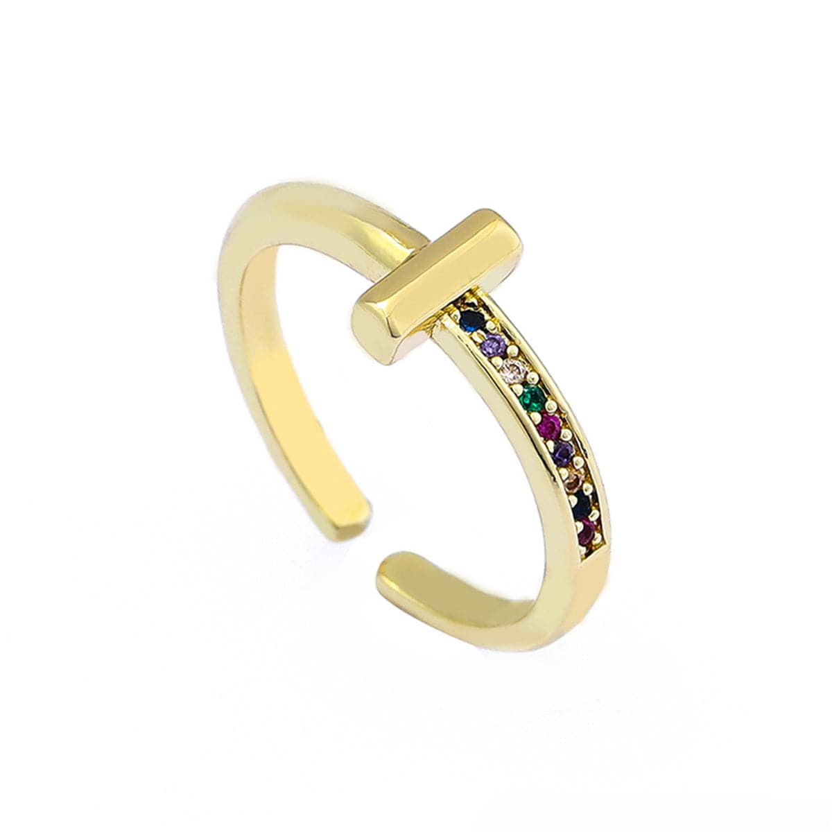 Rainbow Cubic Zirconia & 18K Gold-Plated T Open Ring