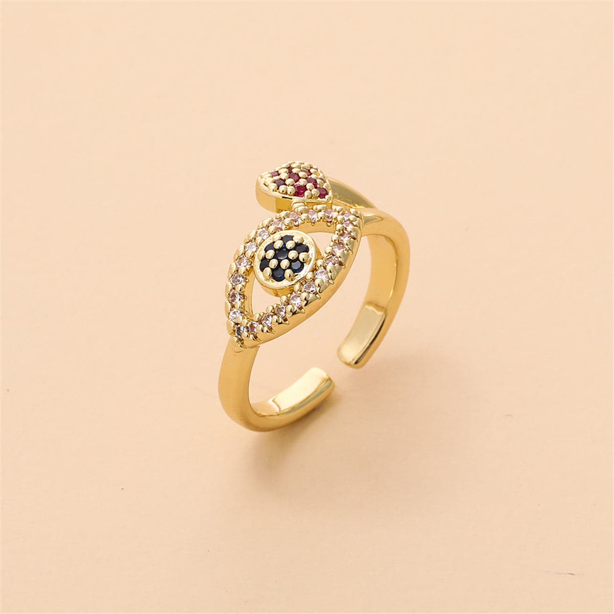 Red Cubic Zirconia and 18K Gold-Plated Heart Eye Open Ring, gold statement rings for women, side view