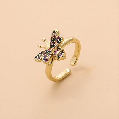 Rainbow Cubic Zirconia and 18K Gold-Plated Bee Open Ring, gold statement rings for women, vintage-inspired design, side view