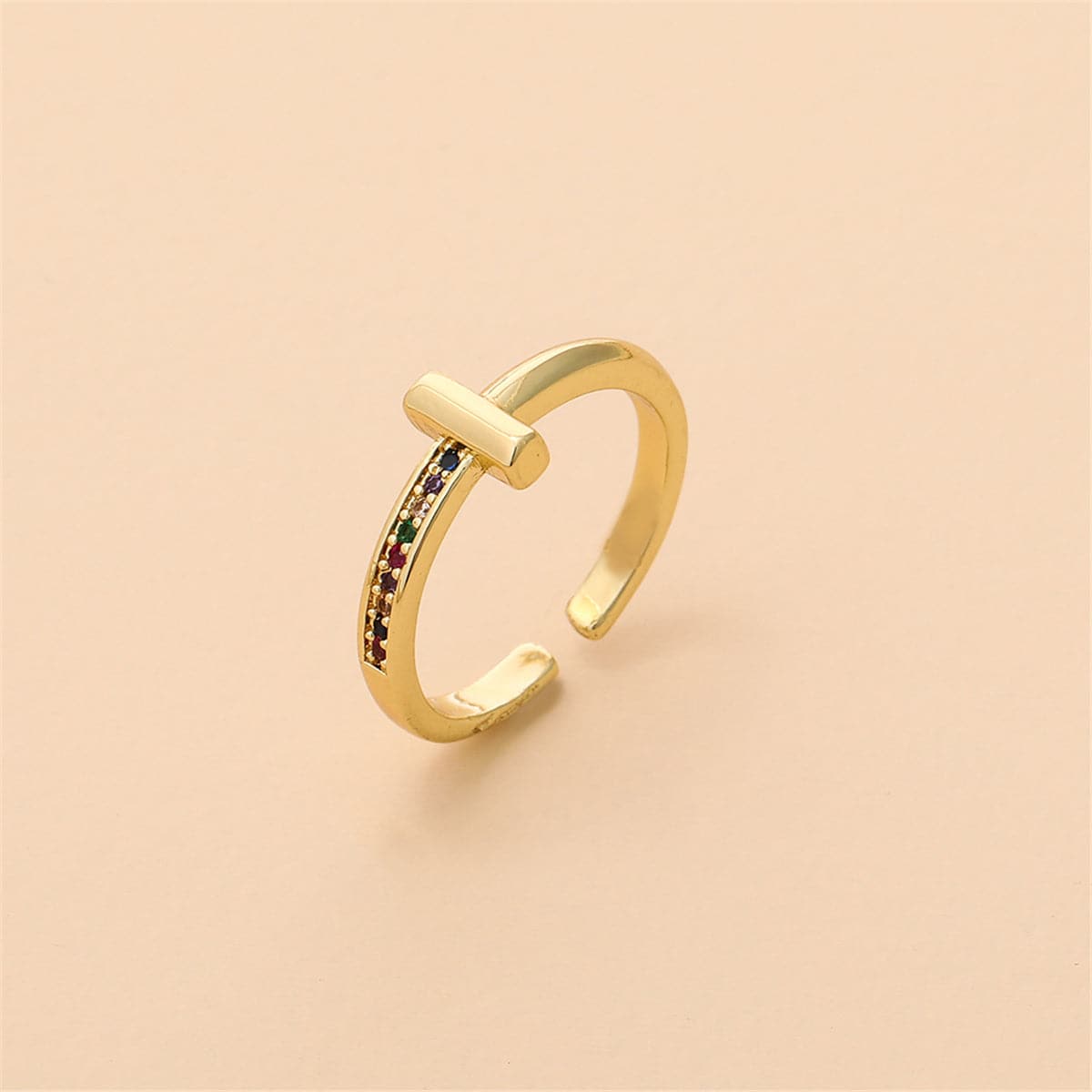 Rainbow Cubic Zirconia & 18K Gold-Plated T Open Ring
