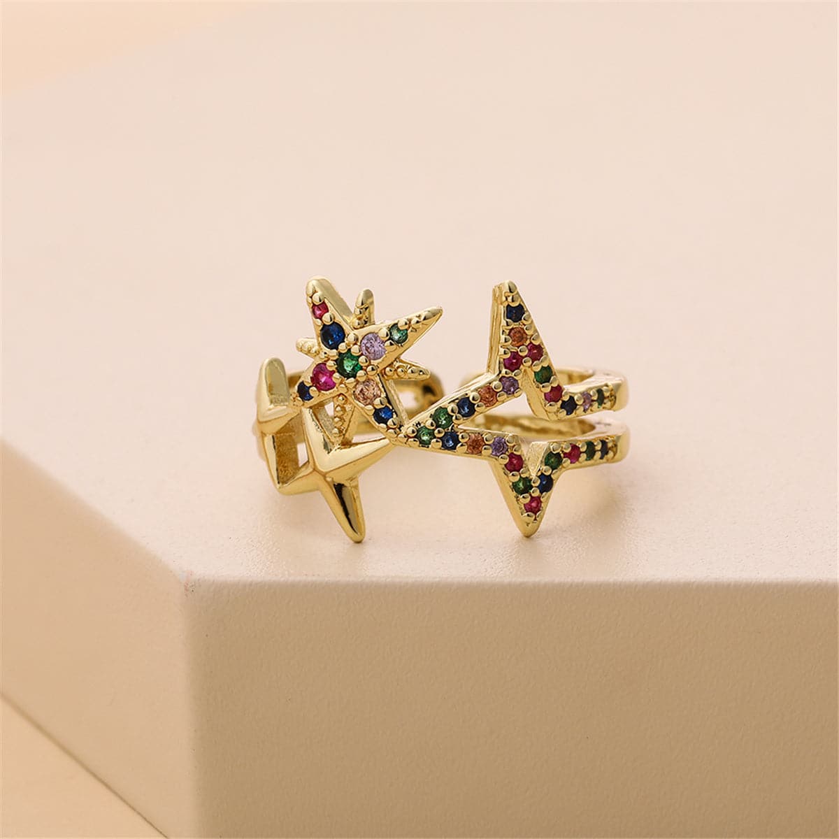 Rainbow Cubic Zirconia & 18K Gold-Plated Star Open Ring
