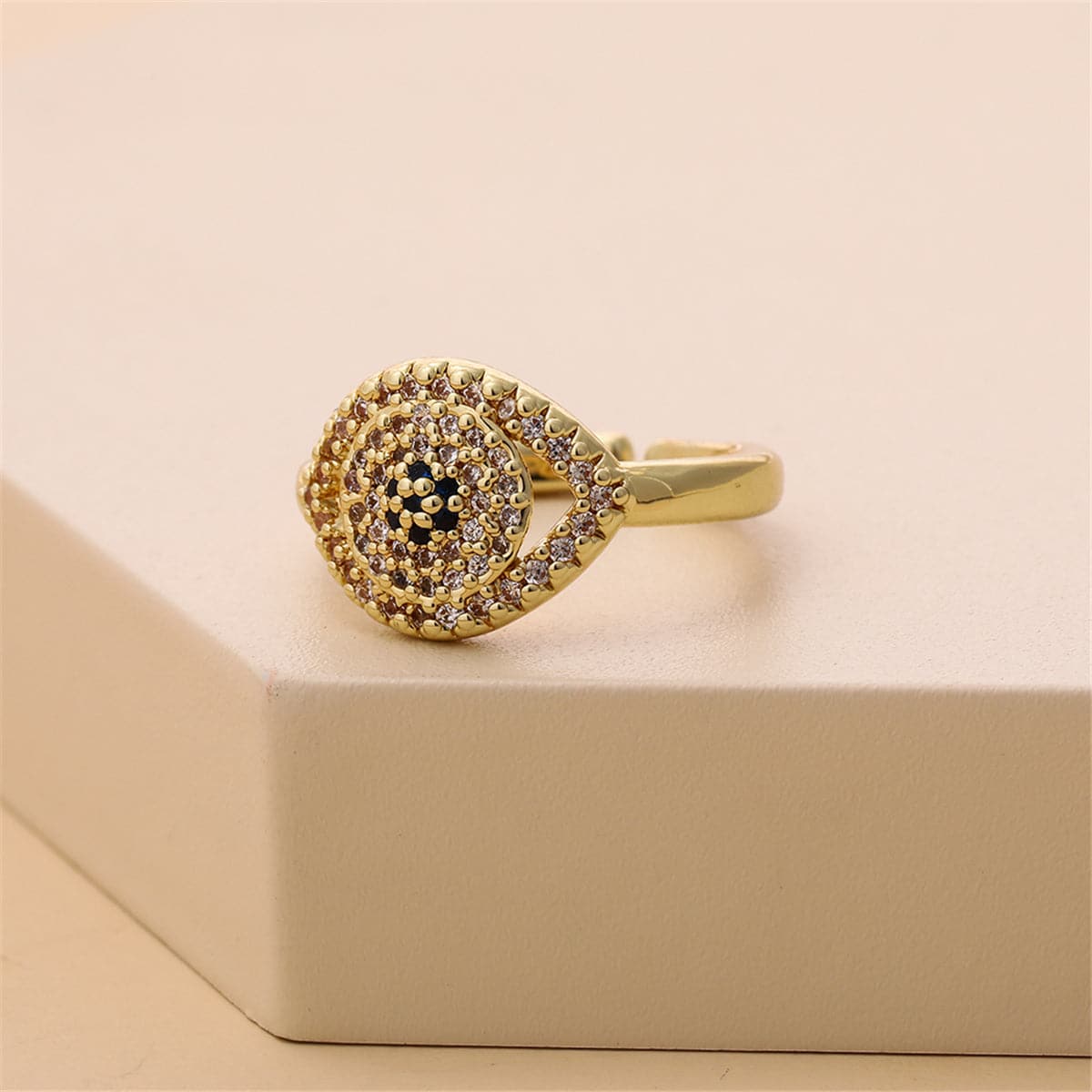 Cubic Zirconia and 18K Gold-Plated Eye Open Ring, gold statement rings for women, botanical inspired, detail close-up