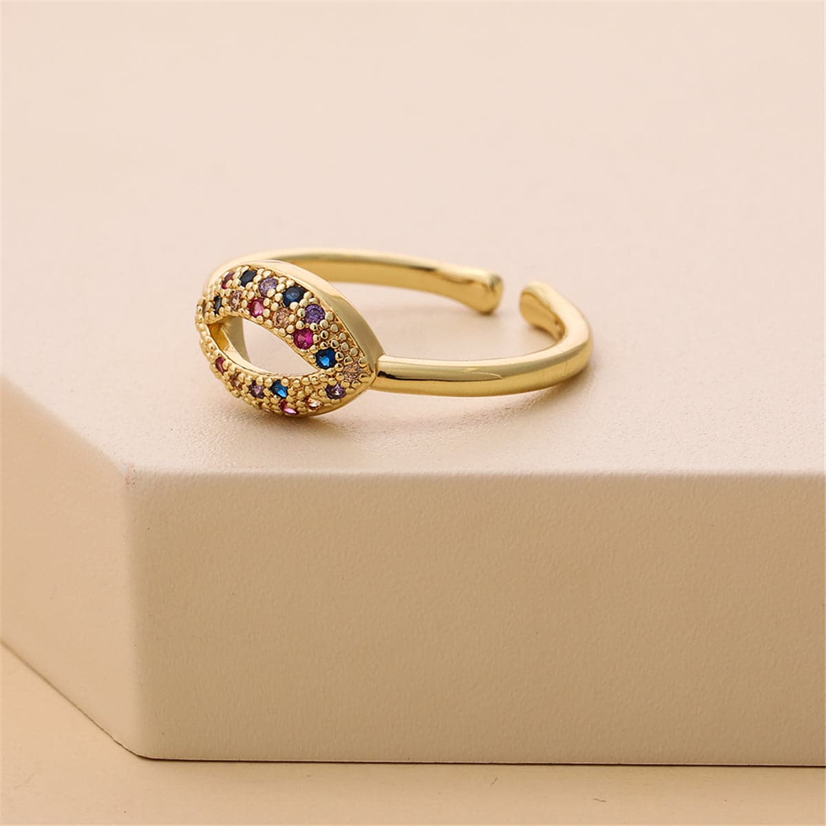 Rainbow Cubic Zirconia & 18K Gold-Plated Lips Open Ring