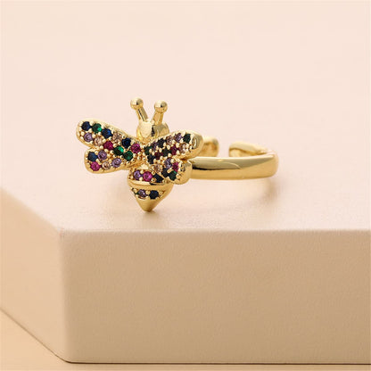 Rainbow Cubic Zirconia and 18K Gold-Plated Bee Open Ring, gold statement rings for women, detail close-up