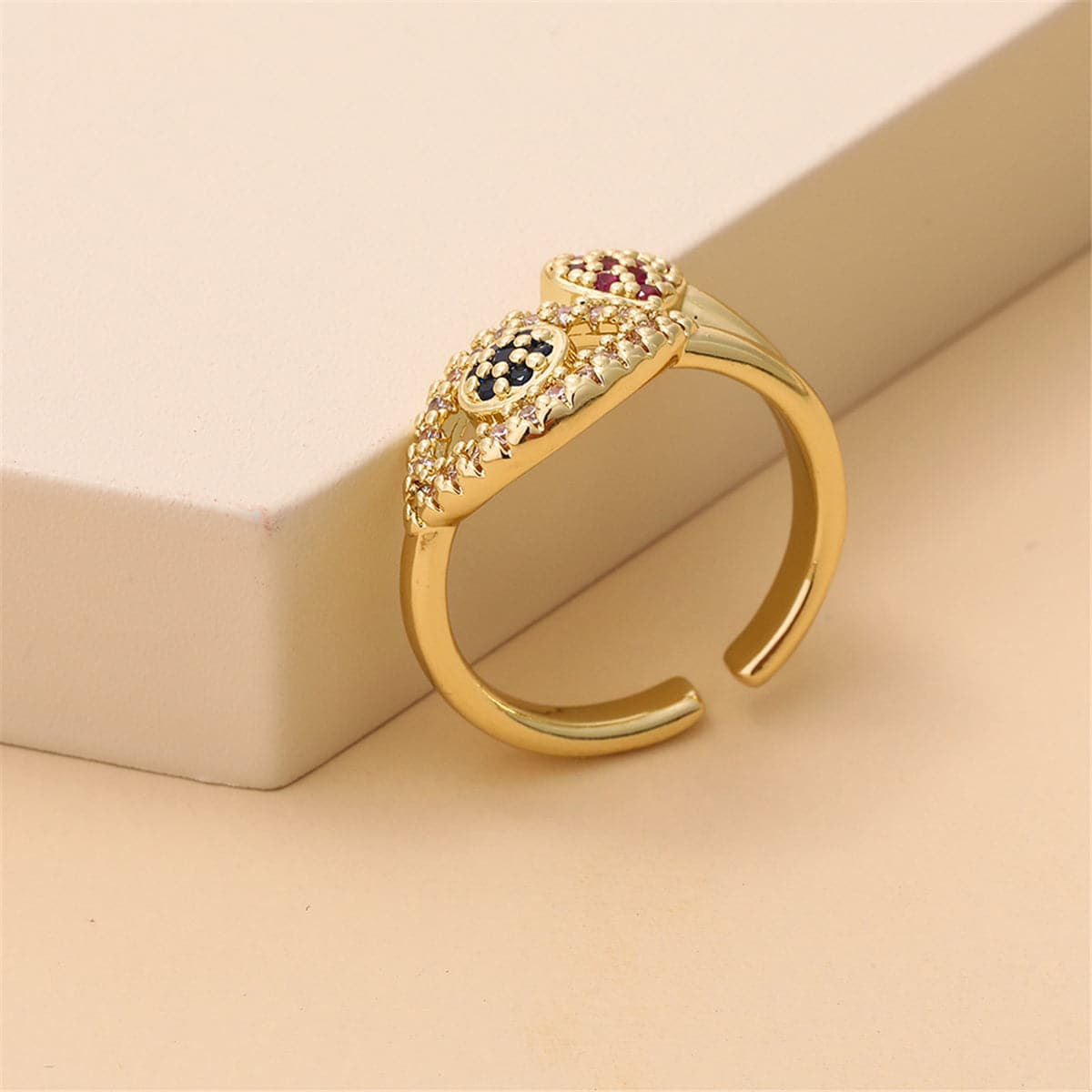 Red Cubic Zirconia and 18K Gold-Plated Heart Eye Open Ring, gold statement rings for women, lifestyle look