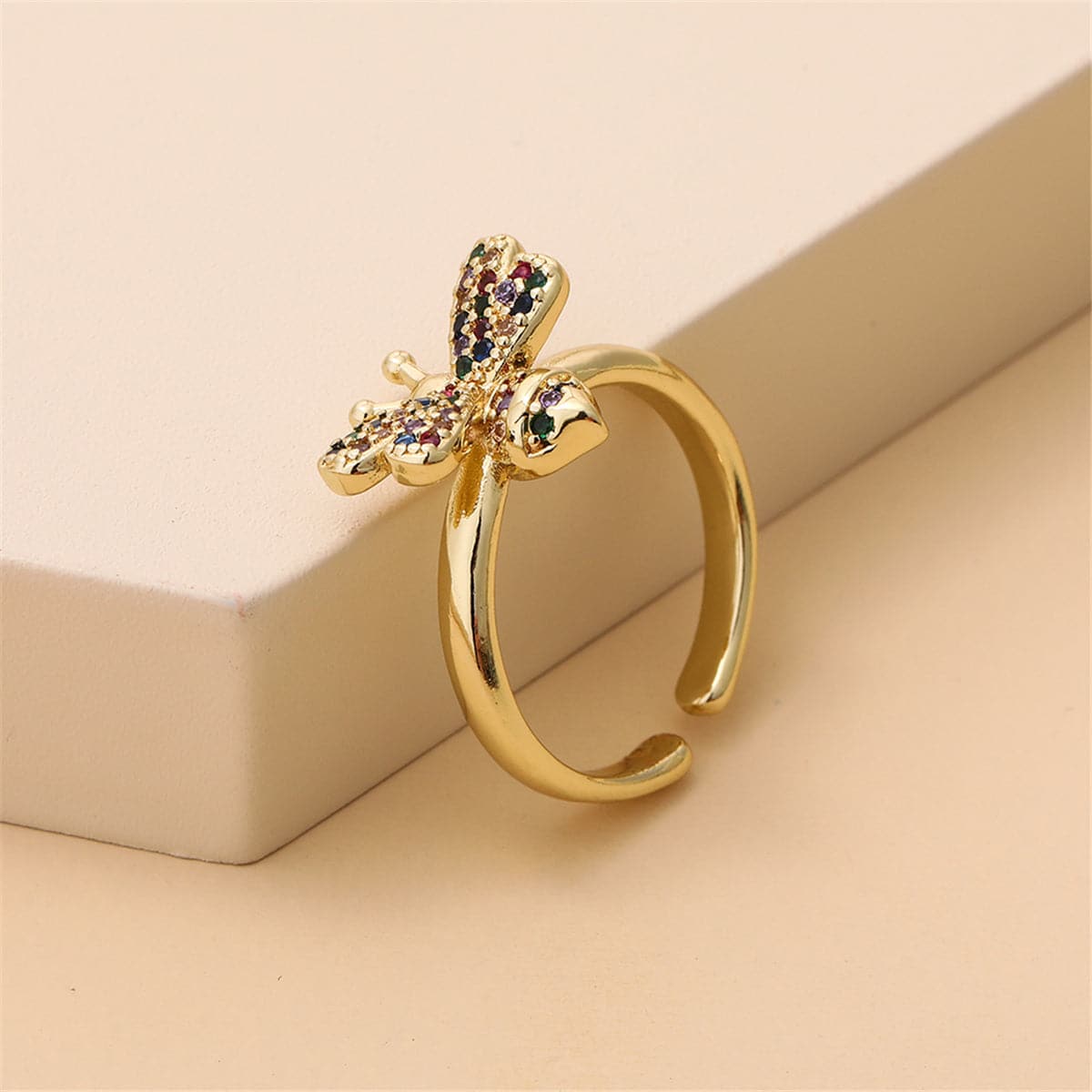 Rainbow Cubic Zirconia and 18K Gold-Plated Bee Open Ring, gold statement rings for women, lifestyle look