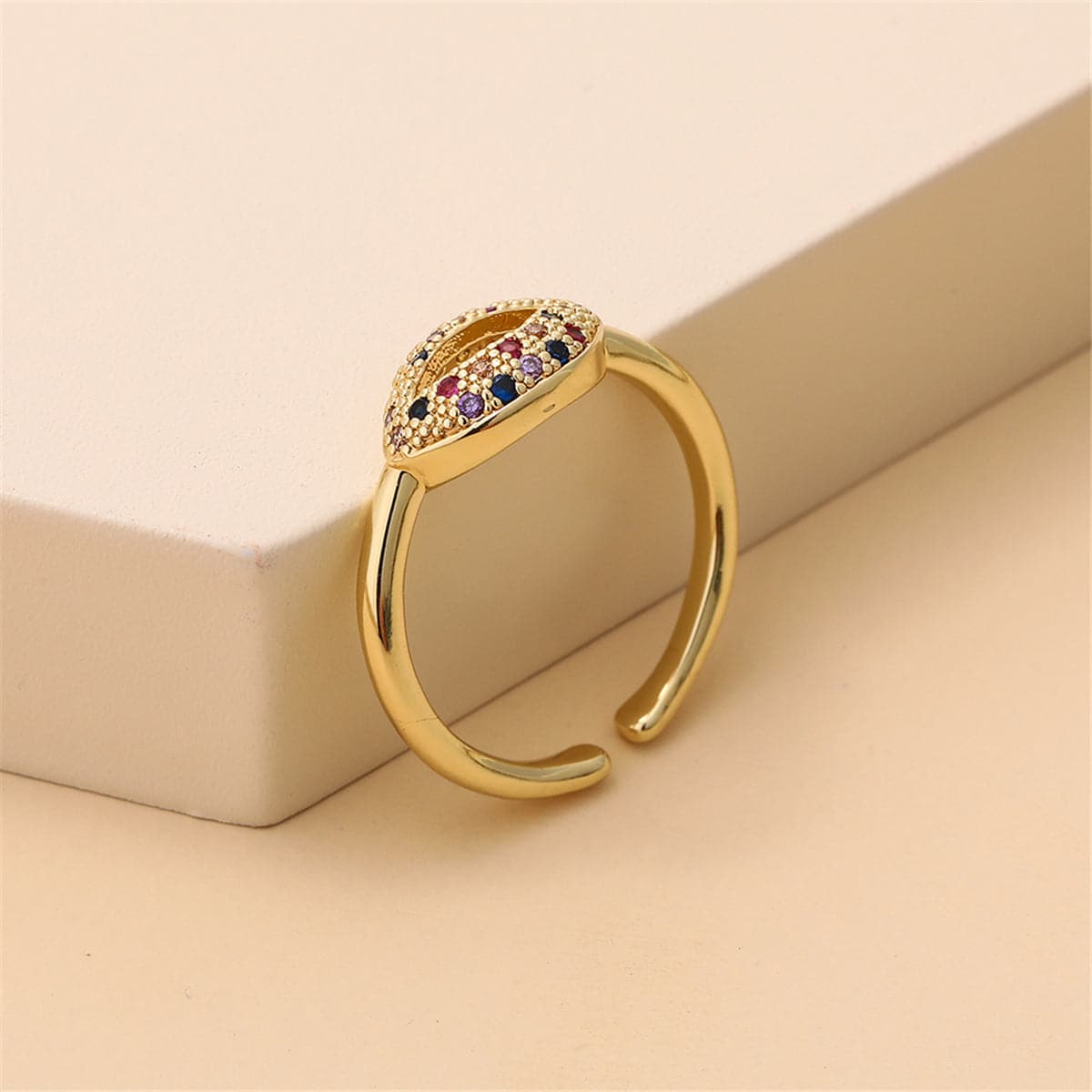 Rainbow Cubic Zirconia & 18K Gold-Plated Lips Open Ring