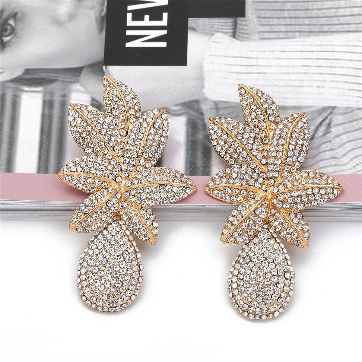 Cubic Zirconia 18K Gold-Plated Flower Drop Earrings, gold drop earrings for women, vintage-inspired design, side view
