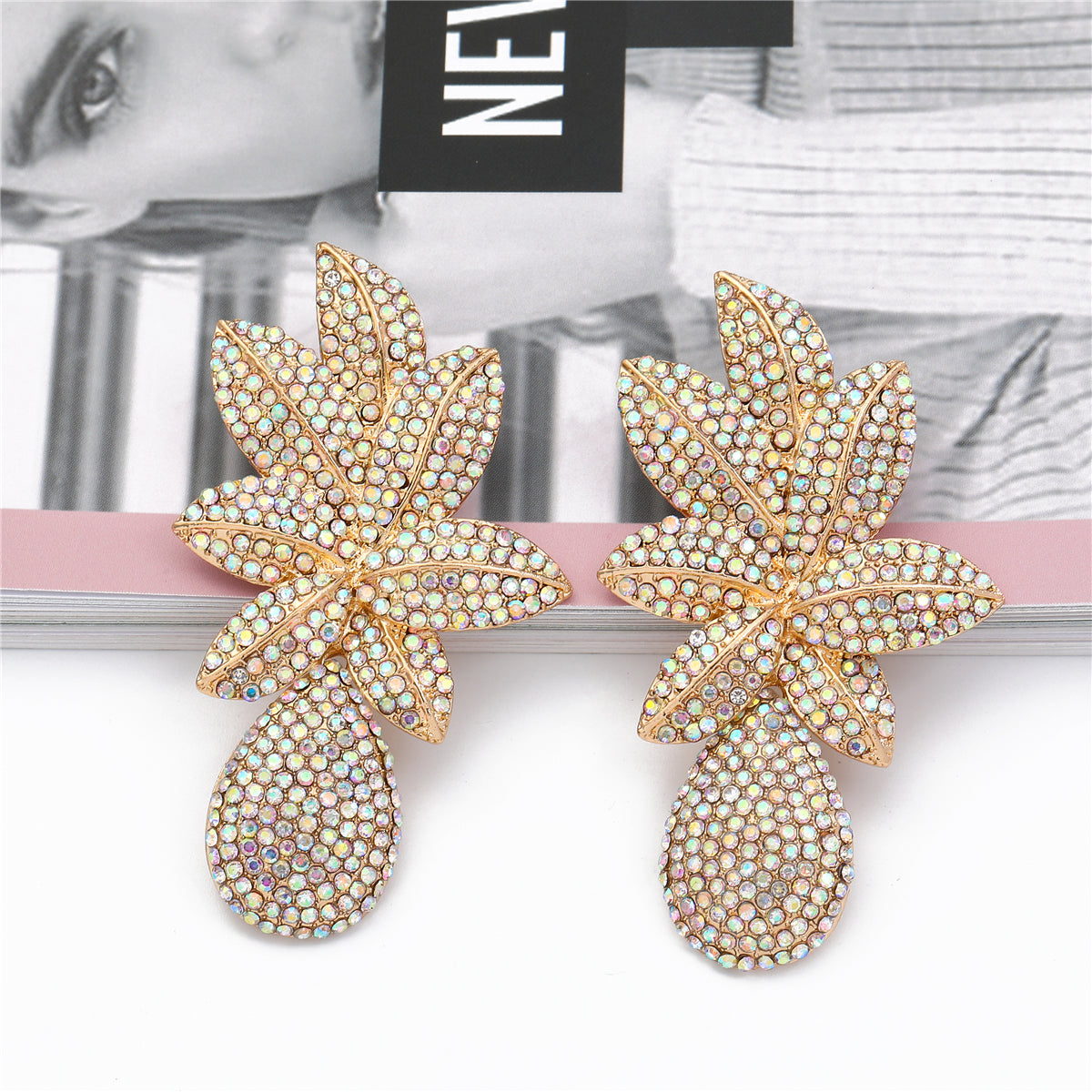 Cubic Zirconia 18K Gold-Plated Flower Drop Earrings, gold drop earrings for women, dainty minimalist design, side view