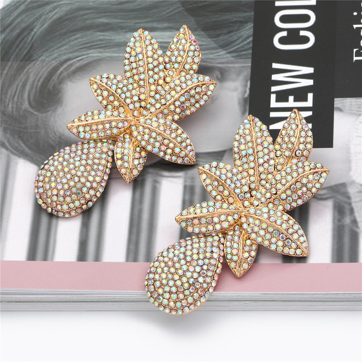 Cubic Zirconia 18K Gold-Plated Flower Drop Earrings, gold drop earrings for women, dainty minimalist design, detail close-up