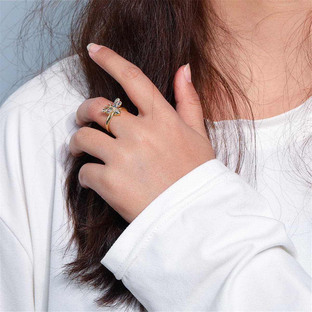 Rainbow Cubic Zirconia and 18K Gold-Plated Bee Open Ring, gold statement rings for women, styled look