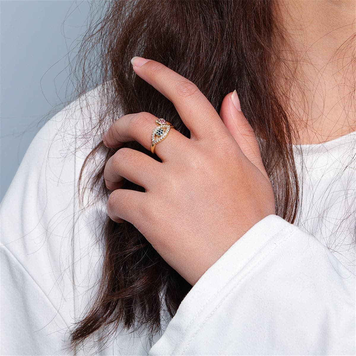 Red Cubic Zirconia & 18K Gold-Plated Heart Eye Open Ring