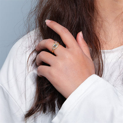 Red Cubic Zirconia and 18K Gold-Plated Heart Eye Open Ring, gold statement rings for women, styled look