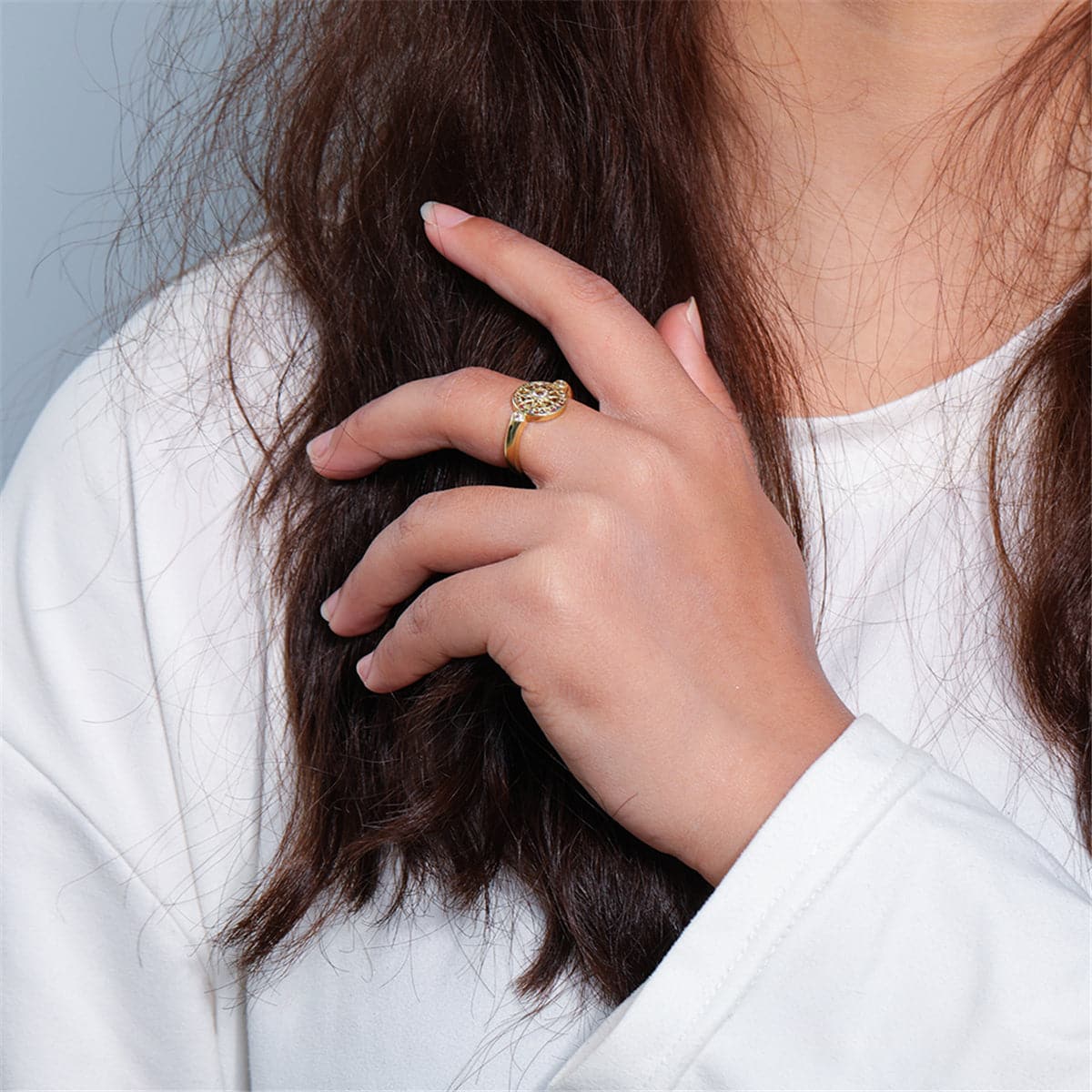Cubic Zirconia and 18K Gold-Plated Eye Open Ring, gold statement rings for women, botanical inspired, styled look