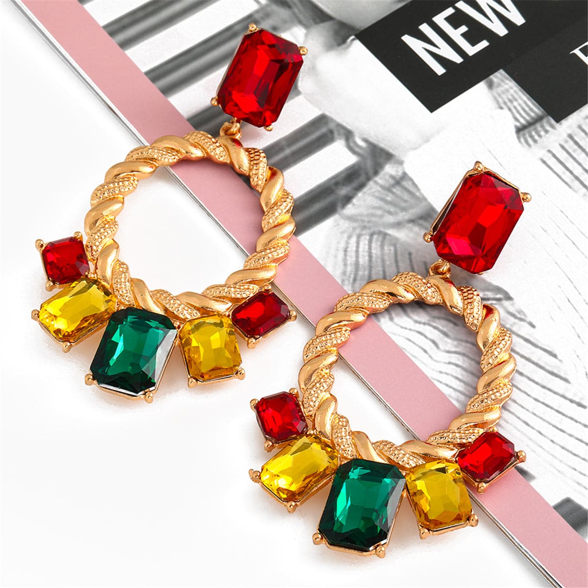 Red & Green Crystal Open Oval Drop Earrings