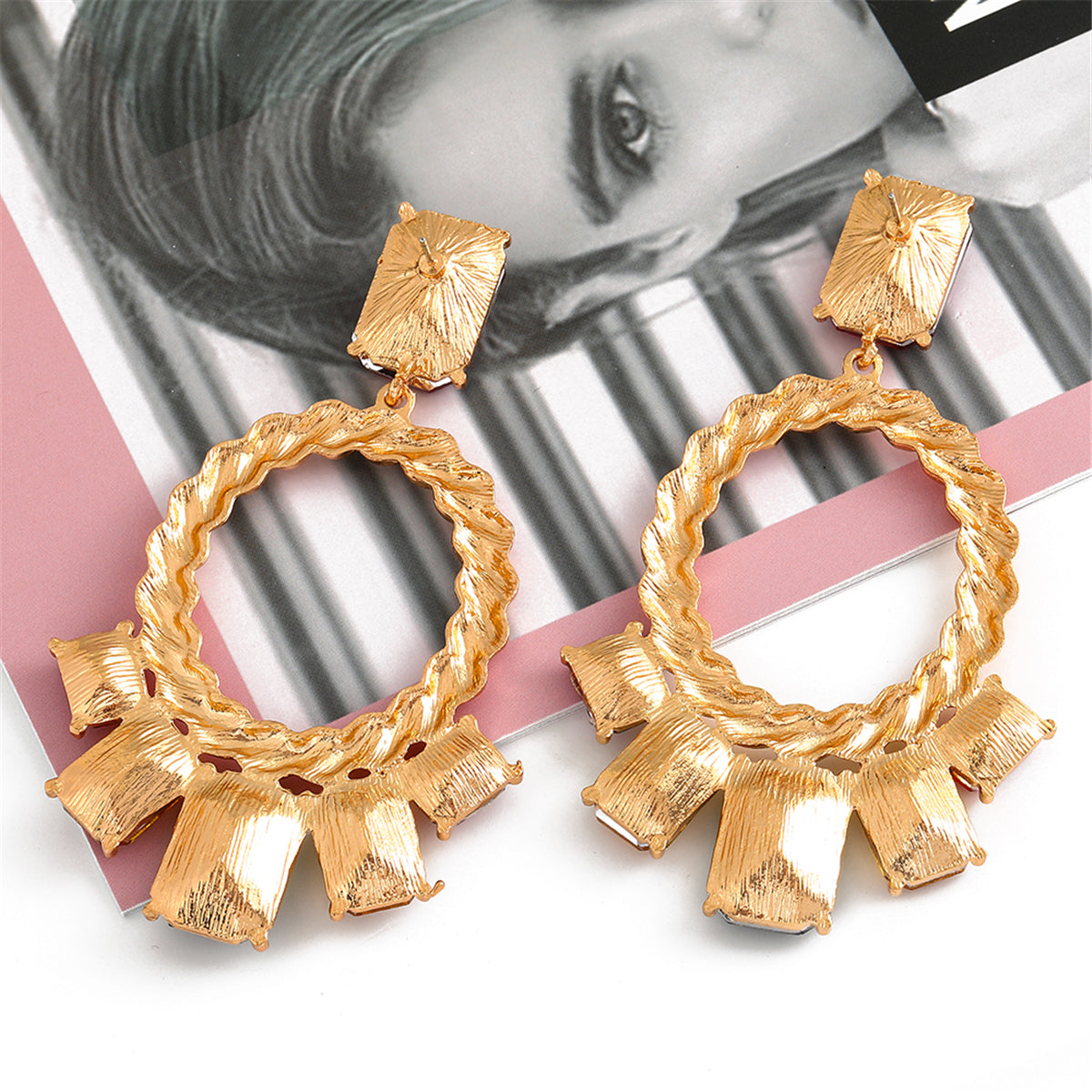 Pink Multicolor Crystal and 18K Gold-Plated Open Oval Drop Earrings, gold drop earrings for women, detail close-up