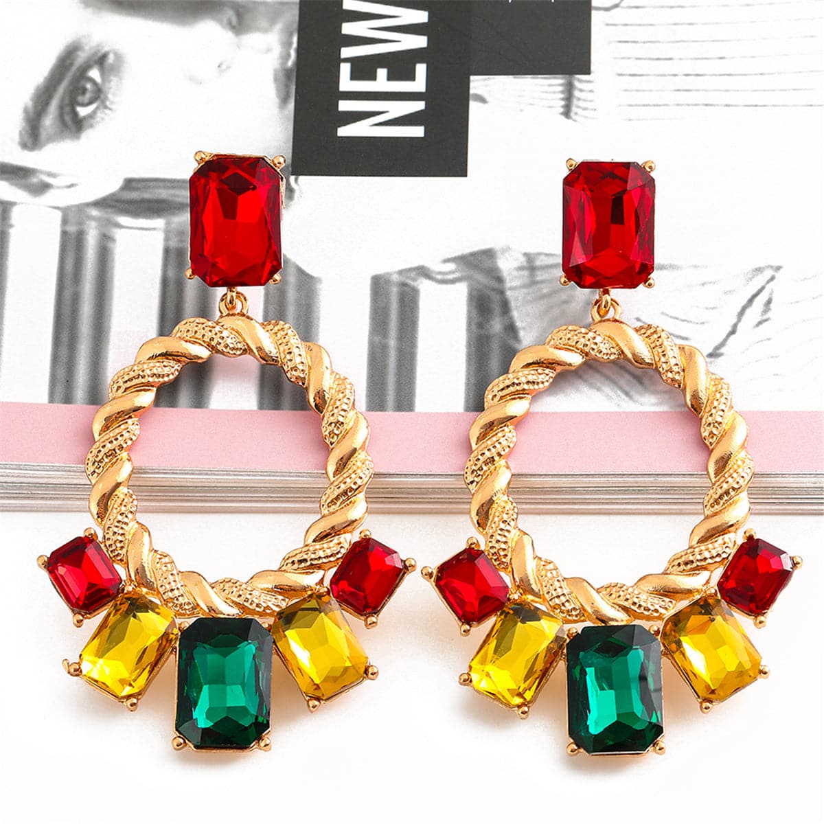Red & Green Crystal Open Oval Drop Earrings