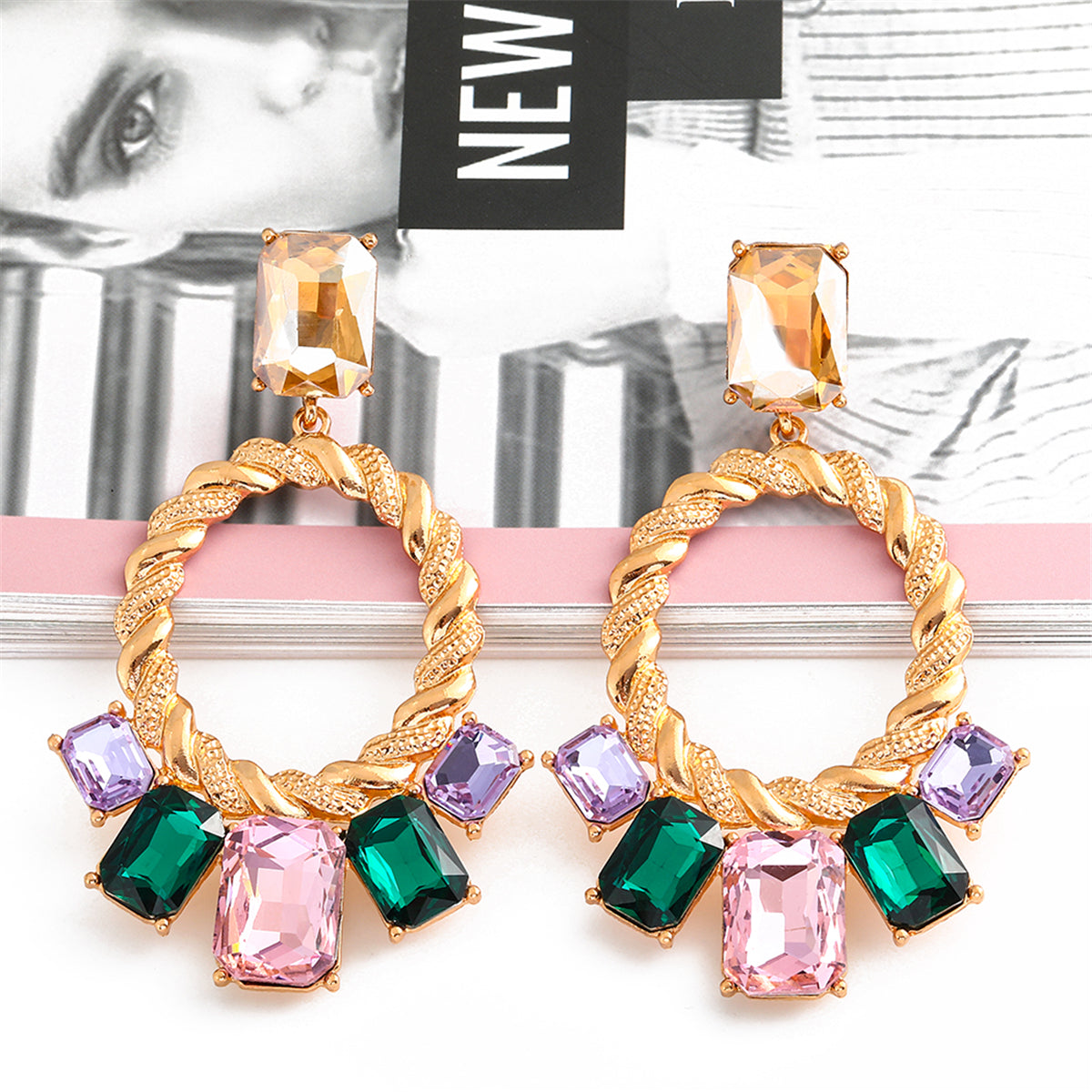 Pink Multicolor Crystal and 18K Gold-Plated Open Oval Drop Earrings, gold drop earrings for women, everyday style, side view
