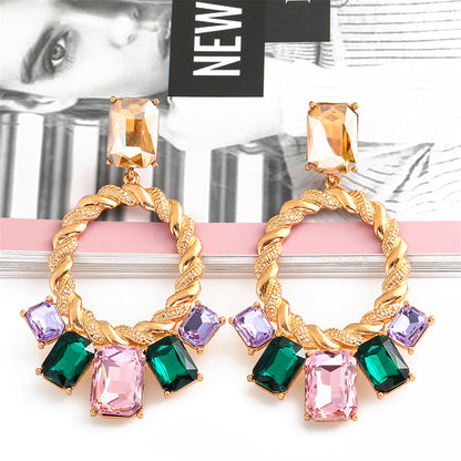 Pink Multicolor Crystal and 18K Gold-Plated Open Oval Drop Earrings, gold drop earrings for women, everyday style, side view