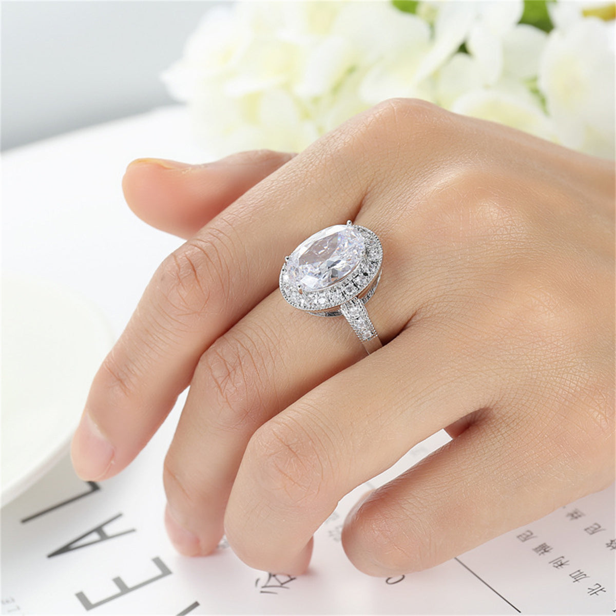 Crystal & Cubic Zirconia Silver-Plated Halo Oval-Cut Ring