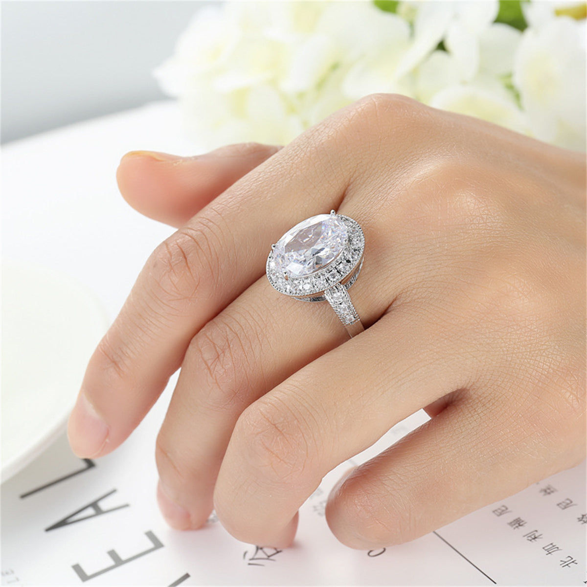Crystal and Cubic Zirconia Silver-Plated Halo Oval-Cut Ring, silver statement rings for women, everyday style, styled look