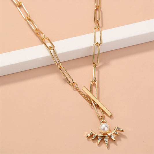Pearl and Cubic Zirconia 18k Gold-Plated Sun Pendant Necklace, gold pendant necklace for women, front view
