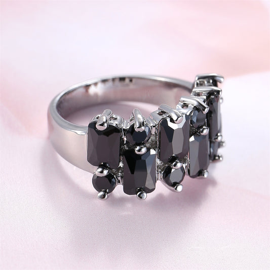 Black Crystal and Black Cubic Zirconia Radiant-Cut Cluster Pavé Ring, statement rings for women, front view