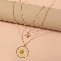Cubic Zirconia & White Mum & Bee Layered Pendant Necklace