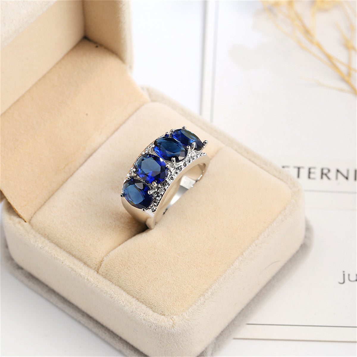 Navy Crystal and Silver-Plated Four-Stone Prong-Set Ring, silver statement rings for women, lifestyle look