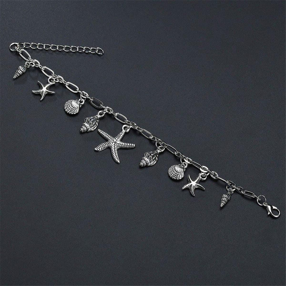 Silver-Plated Starfish Charm Anklet, silver anklet bracelet, botanical inspired, side view