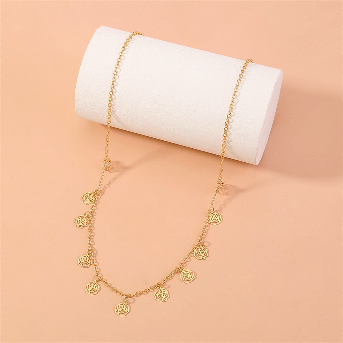 18K Gold-Plated Open Flower Station Necklace, gold pendant necklace for women, dainty minimalist design, detail close-up