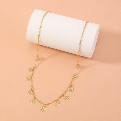 18K Gold-Plated Open Flower Station Necklace, gold pendant necklace for women, dainty minimalist design, detail close-up