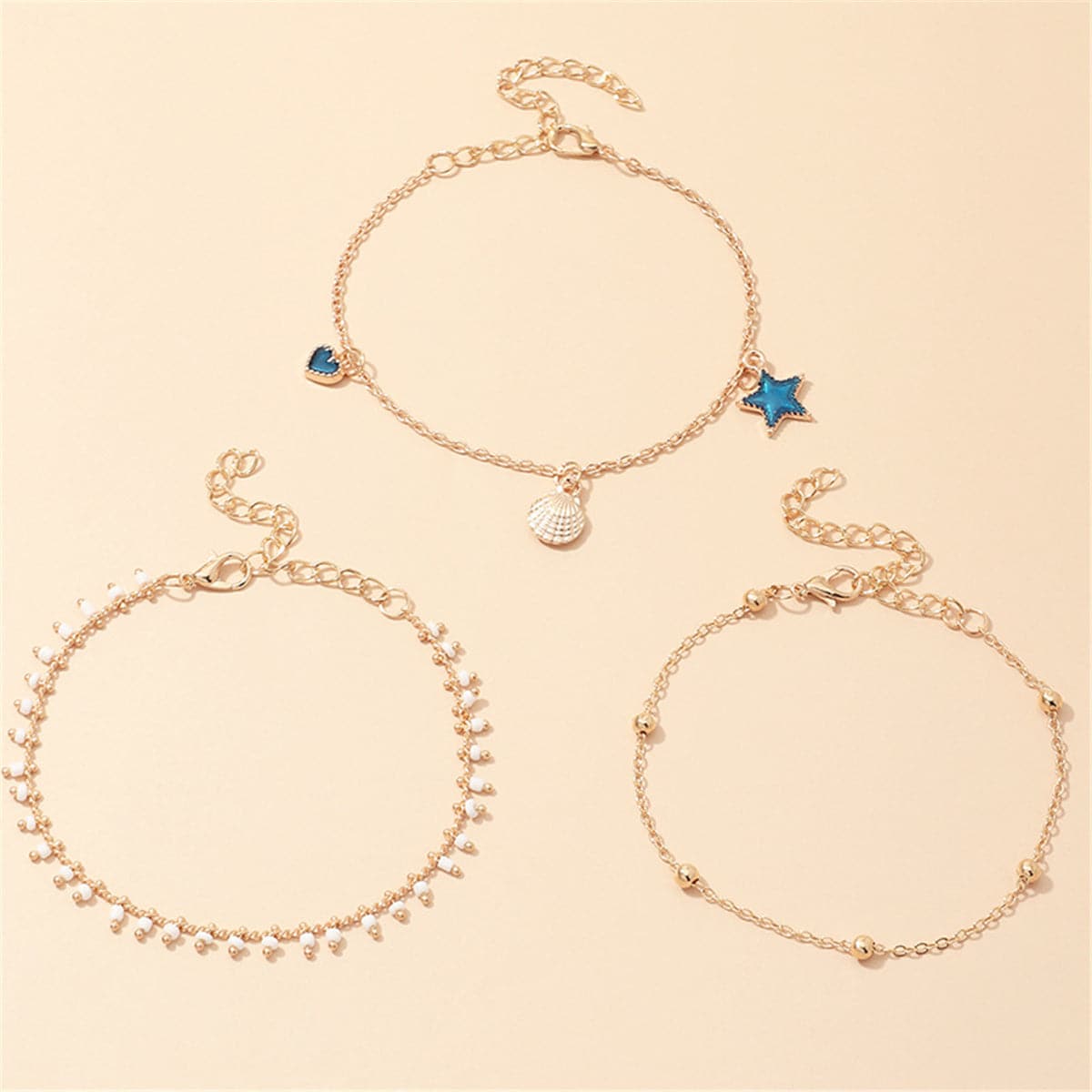 Blue Enamel & 18K Gold-Plated Star Anklet Set