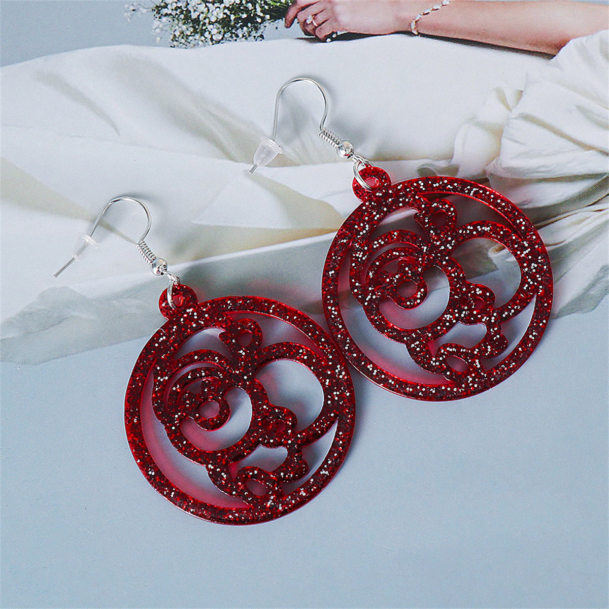 Red Acrylic and Silver-Plated Glitter Openwork Santa Round Drop Earrings, silver drop earrings for women, detail close-up