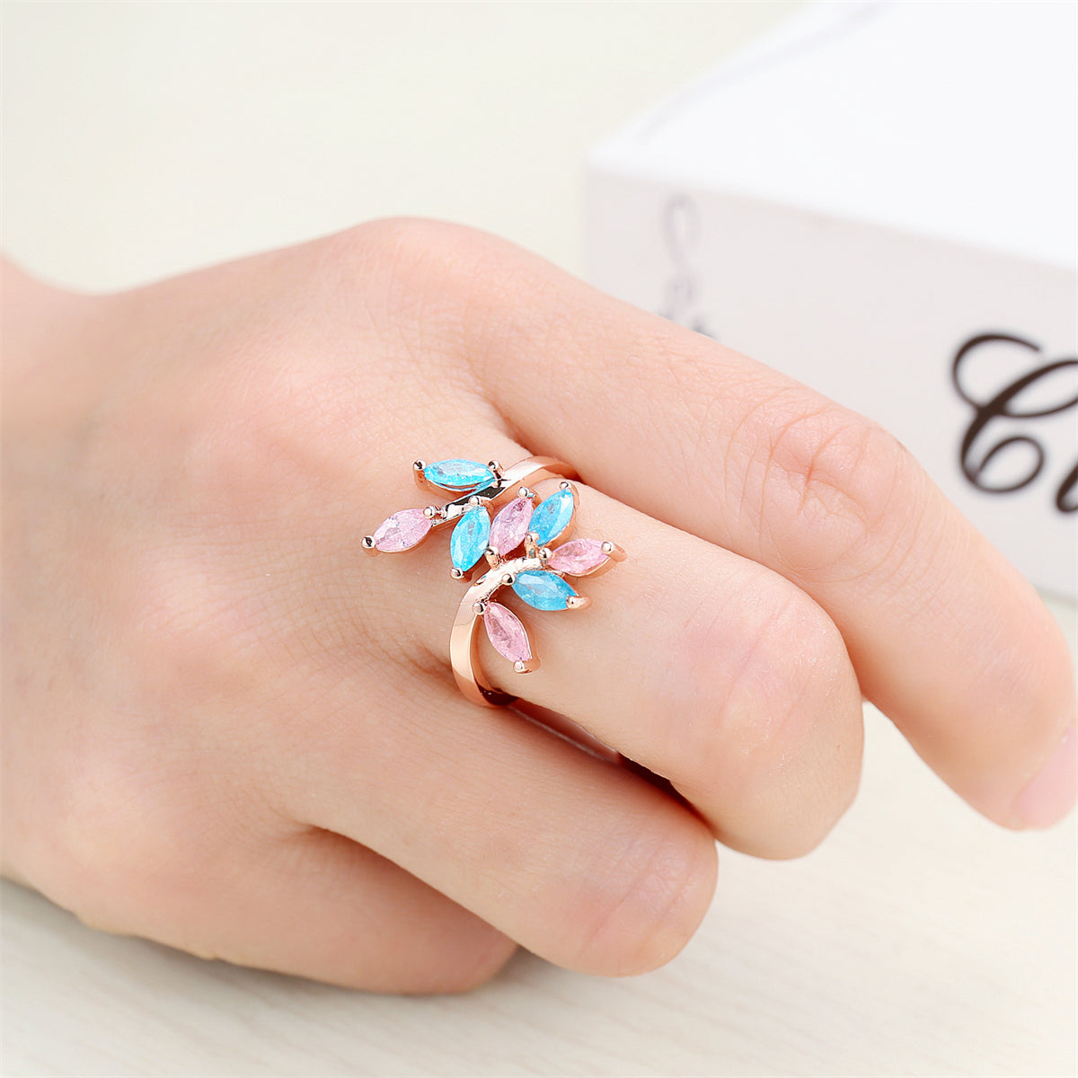 Pink & Blue Crystal 18K Rose Gold-Plated Leaves Bypass Ring