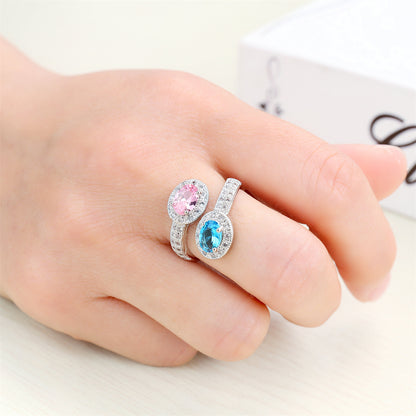 Pink and Blue Crystal Oval-Cut Bypass Ring, statement rings for women, botanical inspired, front view