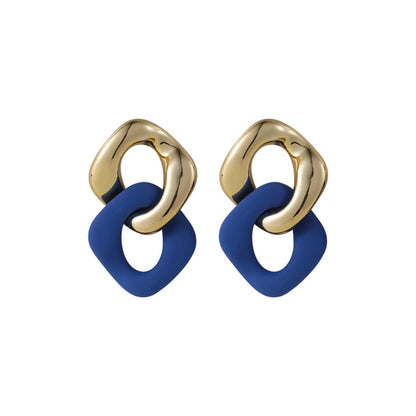 Blue Enamel and 18K Gold-Plated Interlocked Rhombus Drop Earrings, gold drop earrings for women, front view