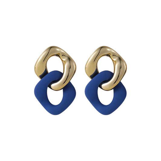 Blue Enamel and 18K Gold-Plated Interlocked Rhombus Drop Earrings, gold drop earrings for women, front view
