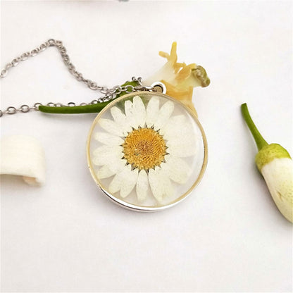 White and Yellow Pressed Mum Round Pendant Necklace, pendant necklace for women, botanical inspired, front view