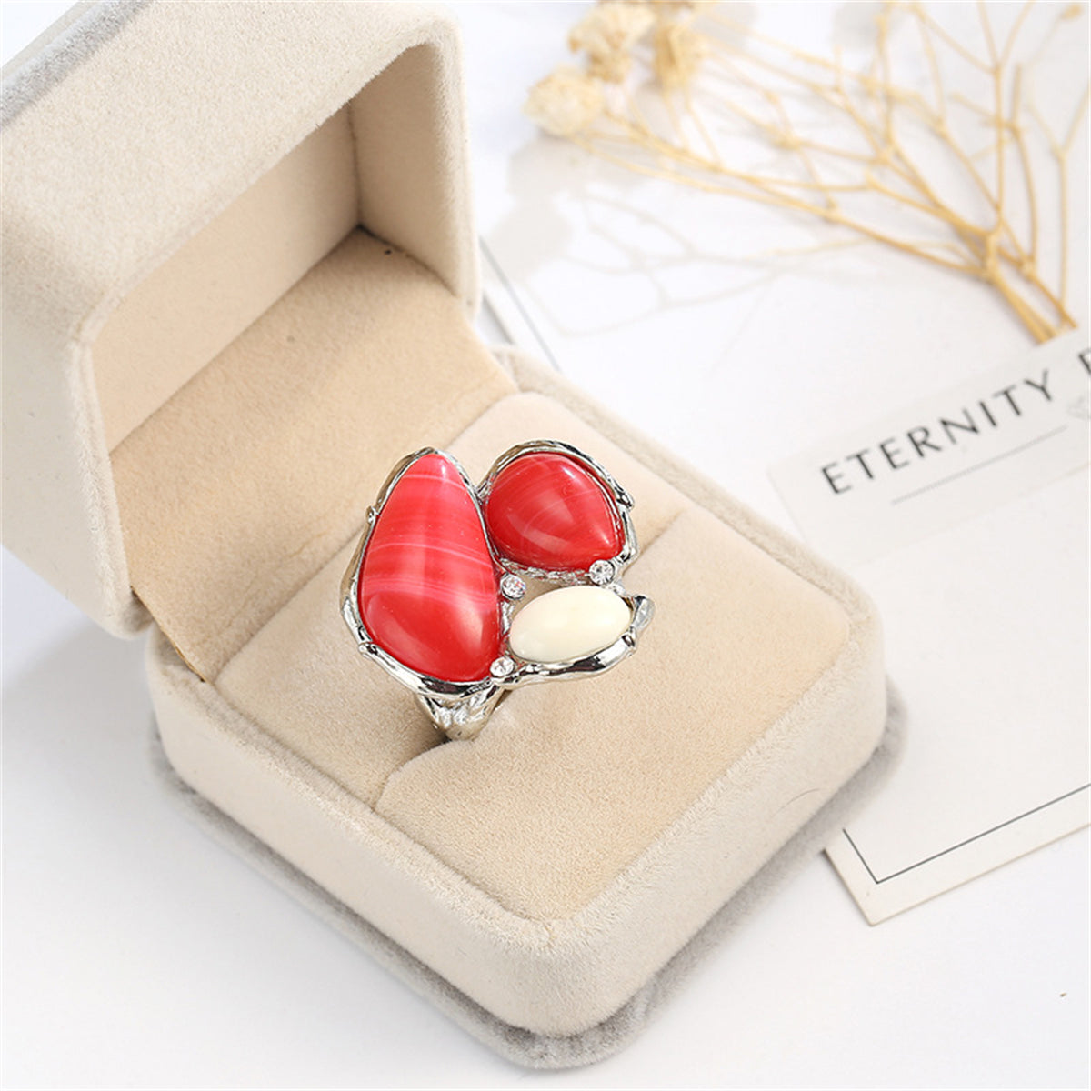Red and Cream Cats Eye Abstract Ring, statement rings for women, everyday style, styled look