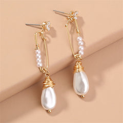 Cubic Zirconia & Pearl 18K Gold-Plated Safety Pin Drop Earrings