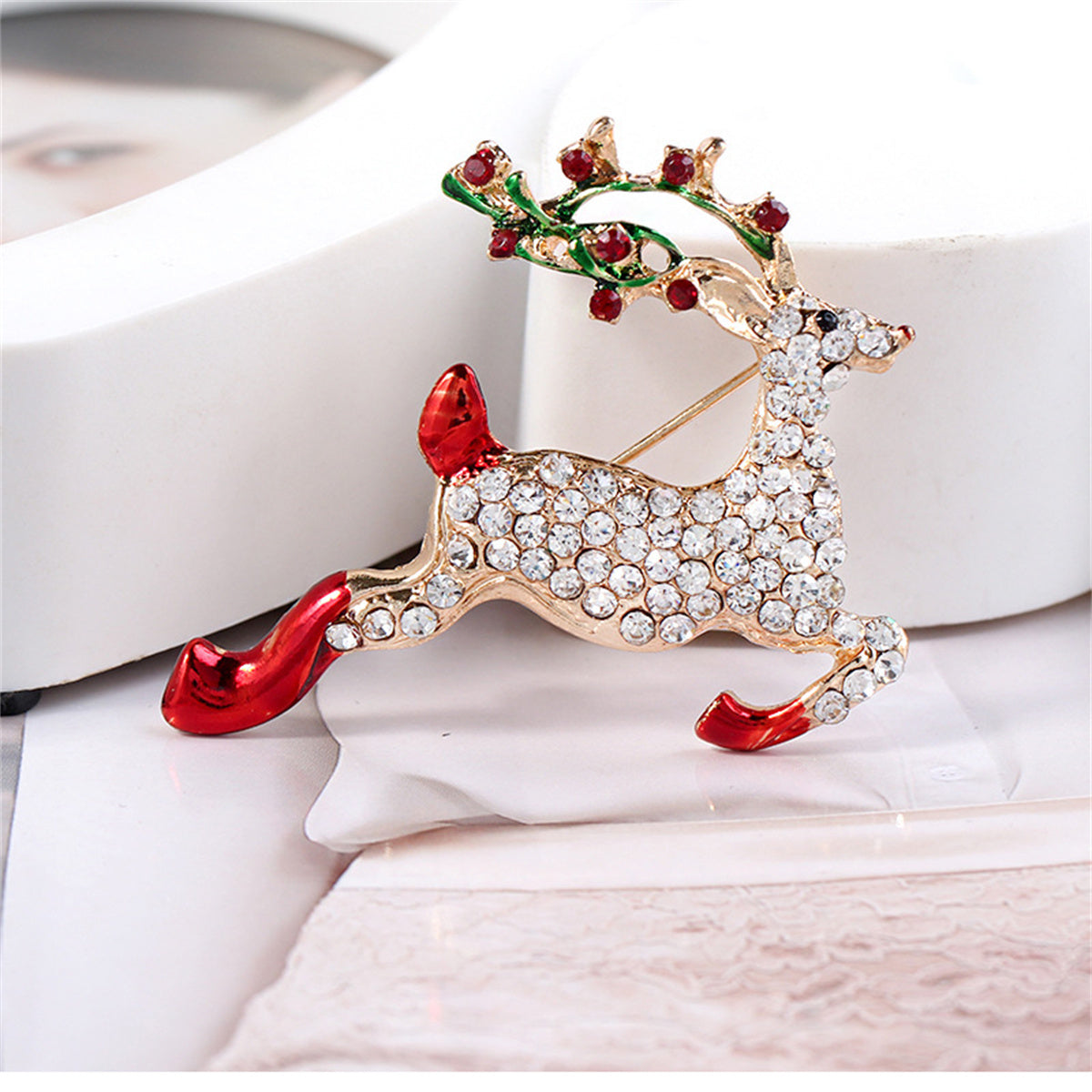 Colored Enamel and Cubic Zirconia 18K Gold-Plated Reindeer Brooch, gold brooch pin, everyday style, styled look