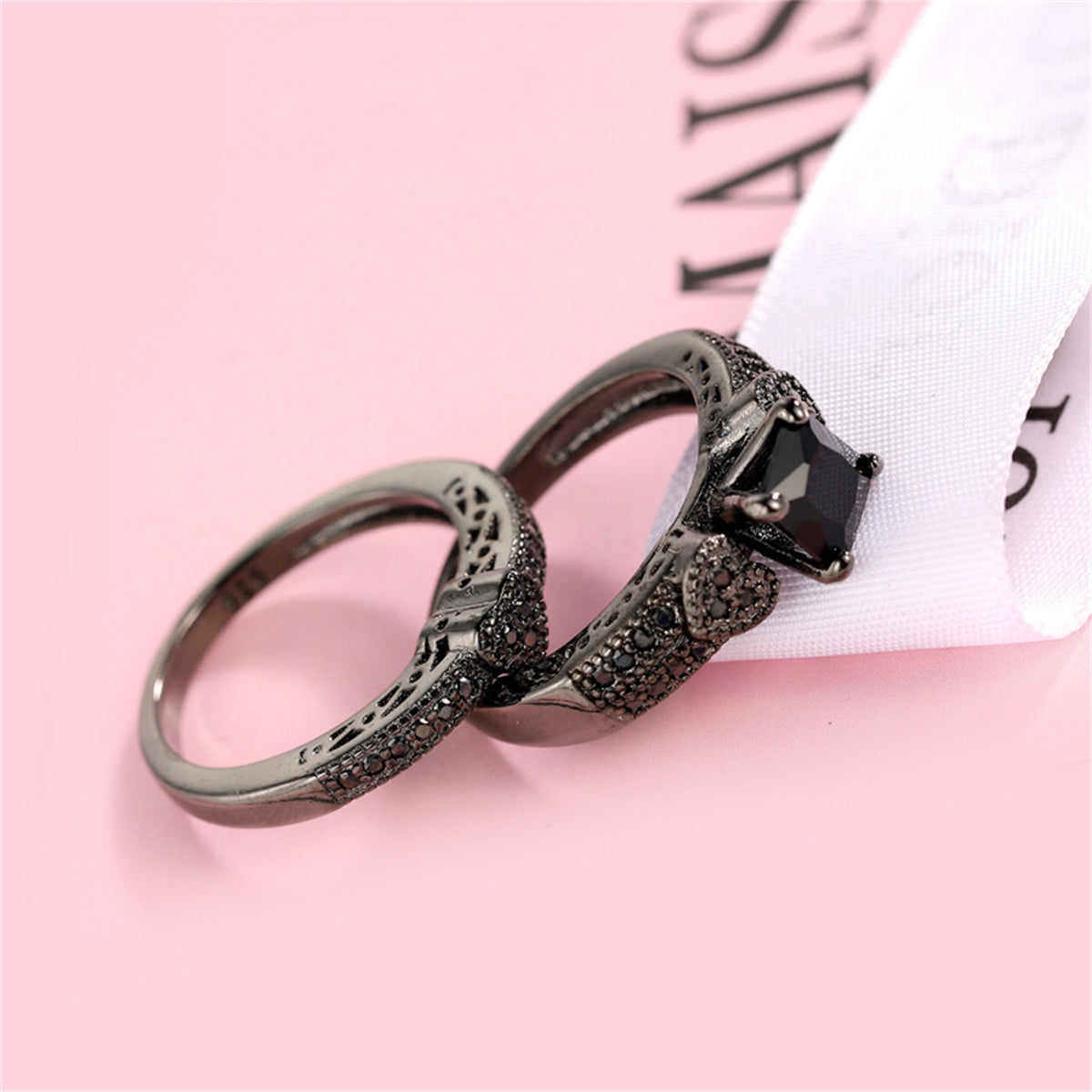 Black Crystal and Black Cubic Zirconia Heart Princess-Cut Ring and Pavé Band, jewelry gift sets for women, side view