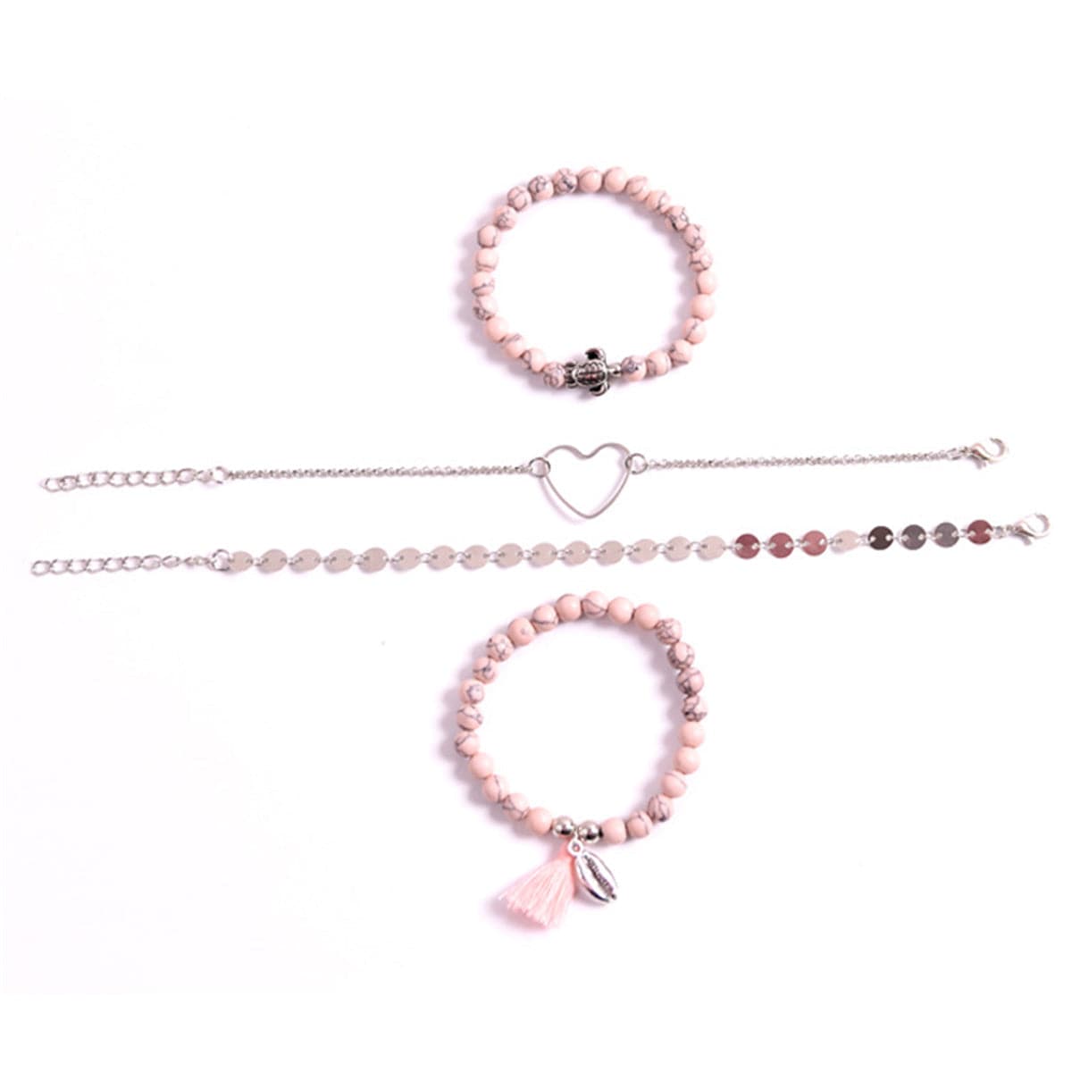 Pink Turquoise & Silver-Plated Beaded Stretch Bracelet Set